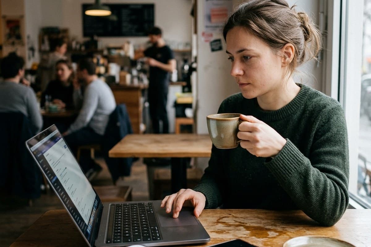 A learner works through a lesson on a laptop at a café table.