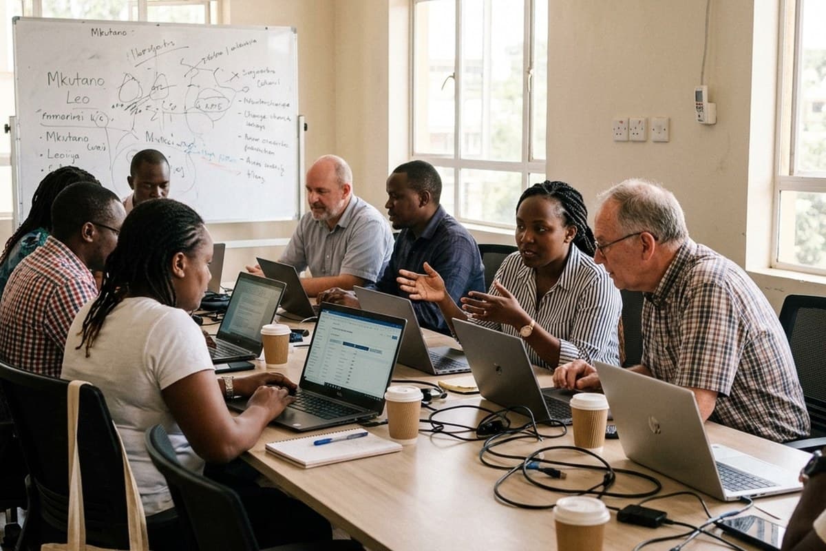 A small group works together around a shared table at an in-person workshop.
